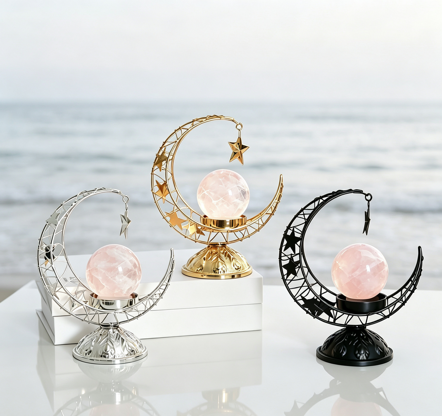Moon Star Hollow Metal Stand, Natural Crystal Sphere Home Table Decor
