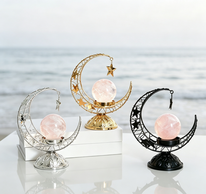 Moon Star Hollow Metal Stand, Natural Crystal Sphere Home Table Decor
