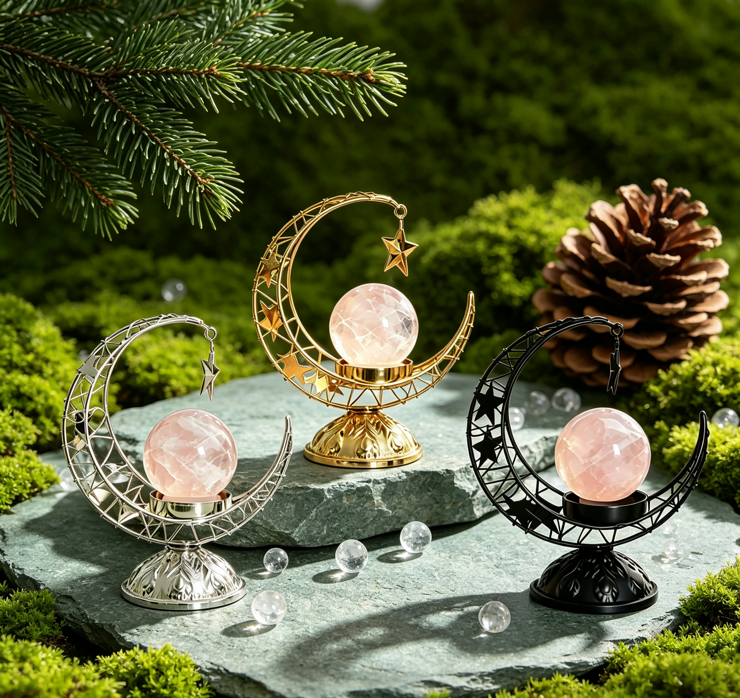 Moon Star Hollow Metal Stand, Natural Crystal Sphere Home Table Decor