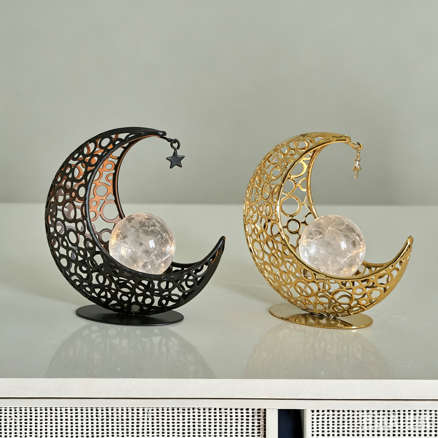 Moon Star Hollow Metal Stand, Natural Crystal Sphere Home Table Decor