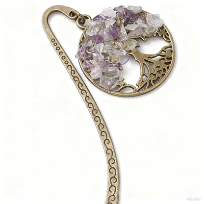 Irregular Crystal Chips Owl Bookmark Tree of Life Bookmark with Unique Gemstone Inlays and Elegant Brass Finish