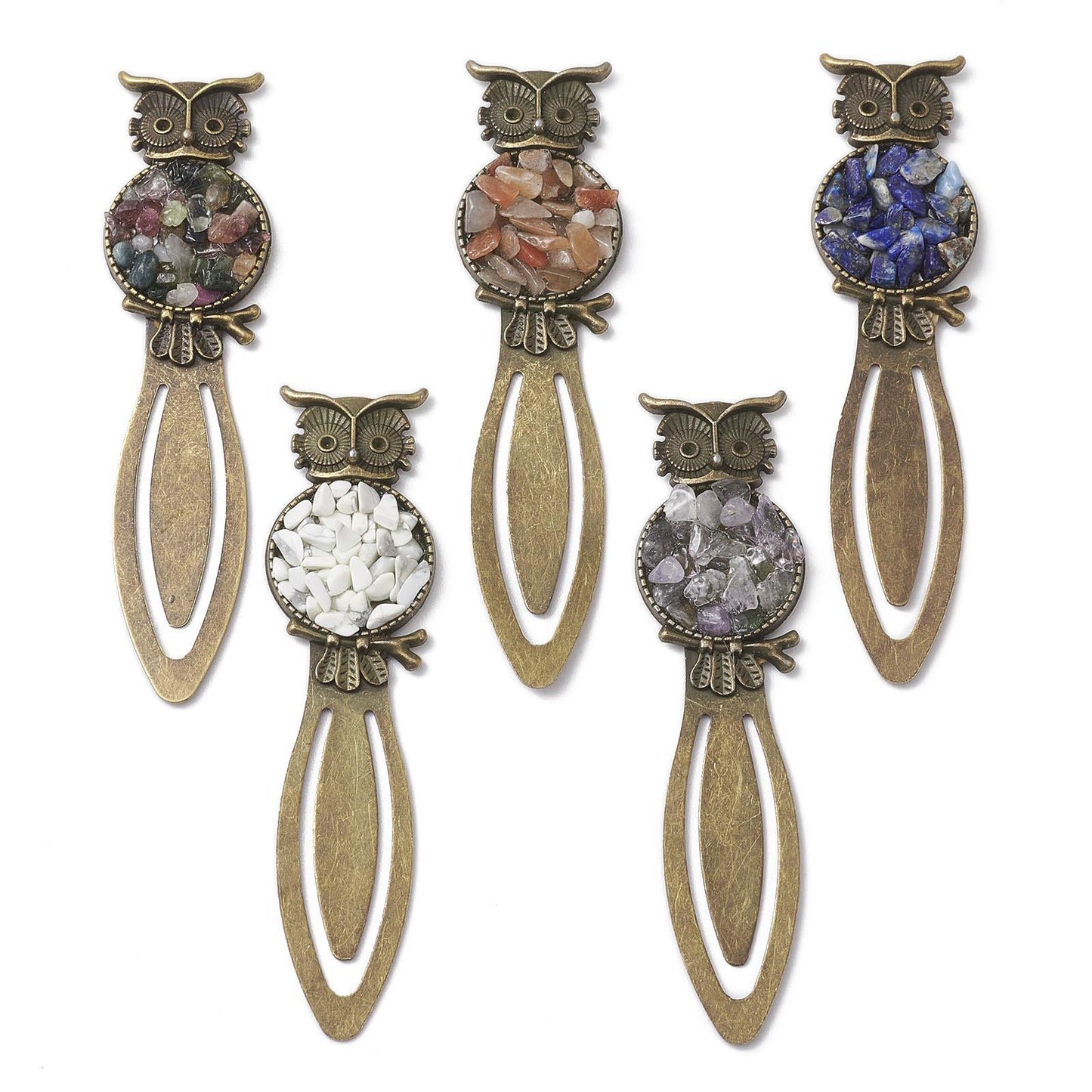 Irregular Crystal Chips Owl Bookmark Tree of Life Bookmark with Unique Gemstone Inlays and Elegant Brass Finish