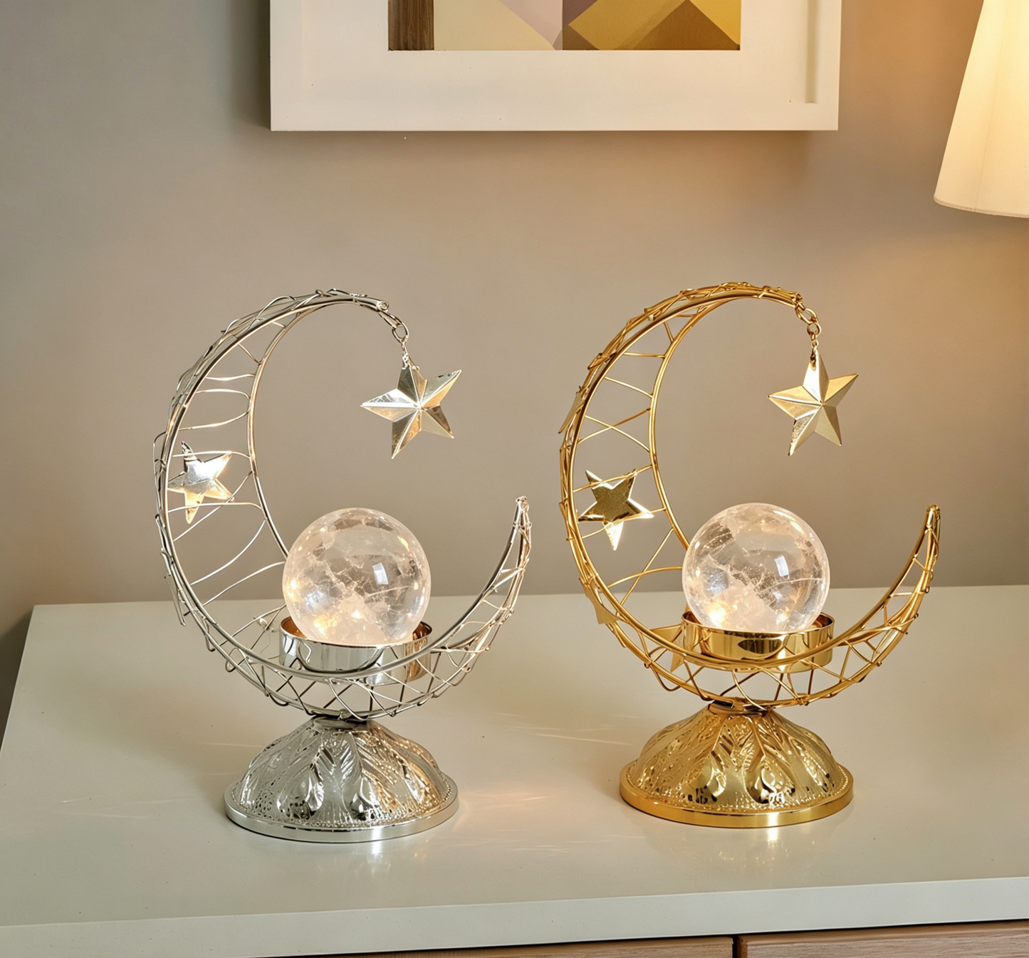 Moon Star Hollow Metal Stand, Natural Crystal Sphere Home Table Decor