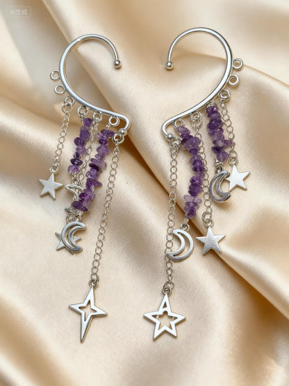 Trendy Natural Crystal Chip Ear Cuffs Personalized Fashion Tassel Earrings for Non Pierced Ears Elegant Simple Design Versatile Appeal