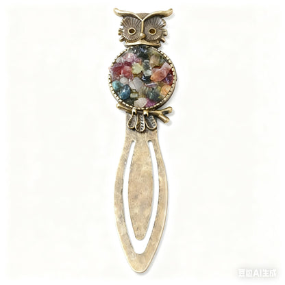 Irregular Crystal Chips Owl Bookmark Tree of Life Bookmark with Unique Gemstone Inlays and Elegant Brass Finish